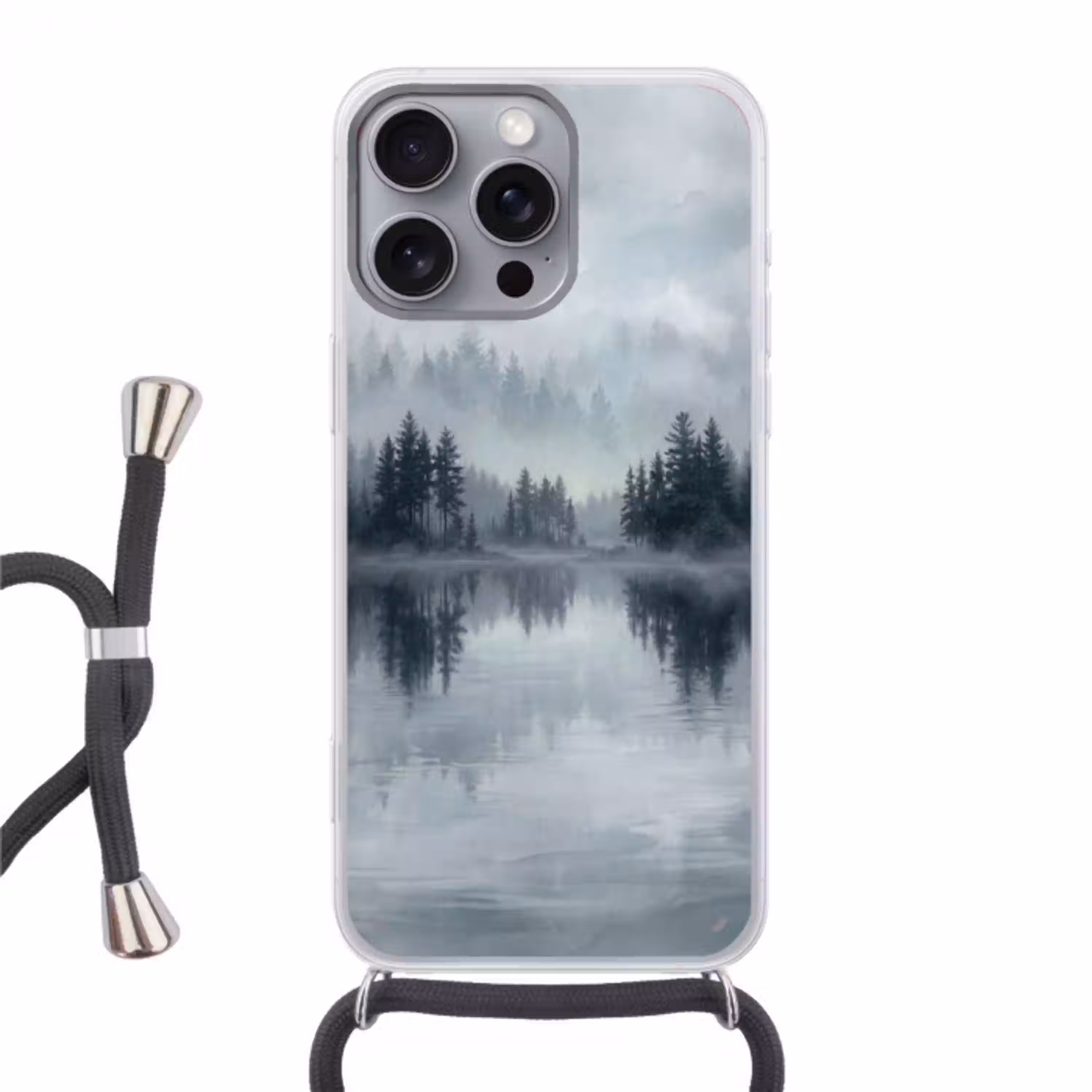 Bos - Meer - Mist - Natuur - Grijs Hoesje iPhone 16 Pro Max met koord klein -3d