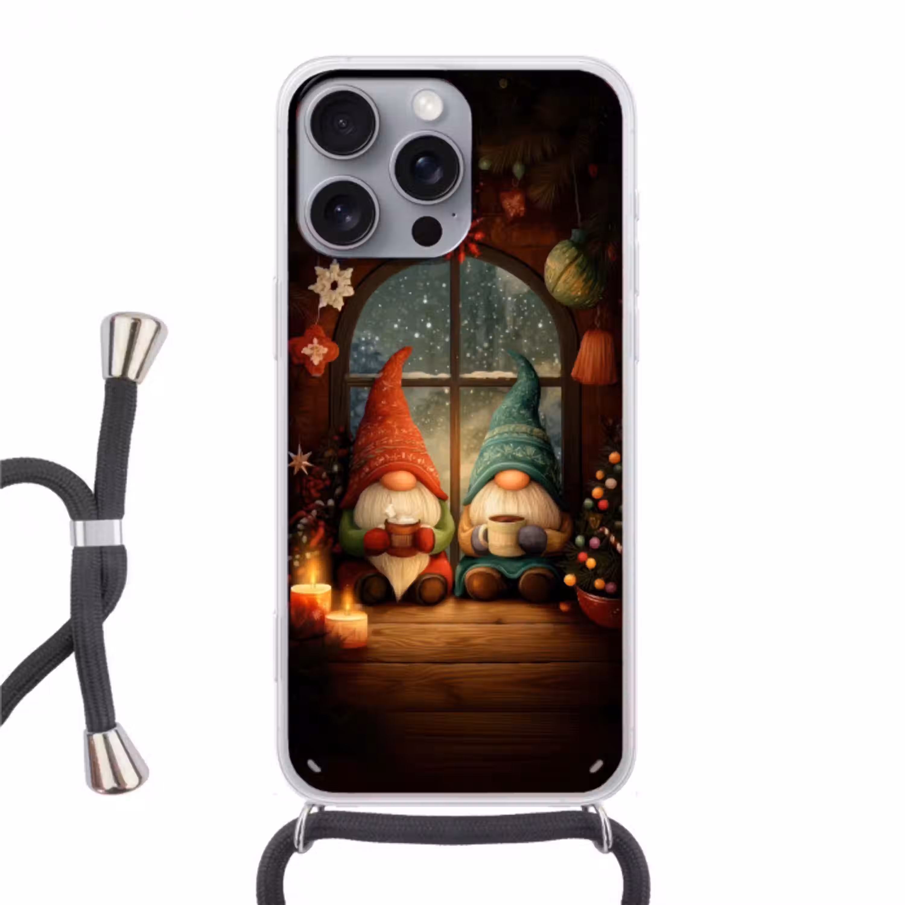 Gnooms - Kerst - Raam - Kleurrijk Hoesje iPhone 16 Pro Max met koord klein -3d