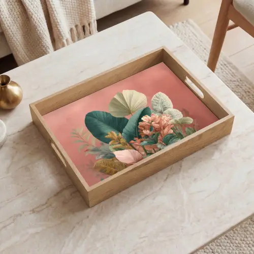 Tropische bladeren - Bloemen - Roze - groen Dienblad Rechthoek middel -sfeer1