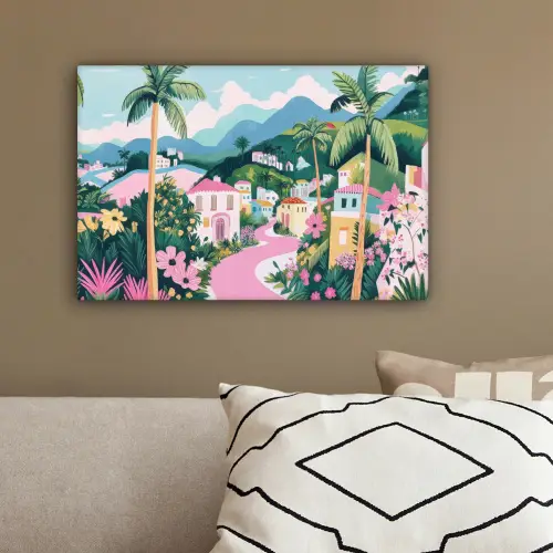Kleurrijk - Huizen - Heuvels - Roze canvas 2cm klein -sfeer3
