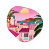 Stad - Roze - Palmbomen Wandcirkel Organisch Plexiglas middel -3d