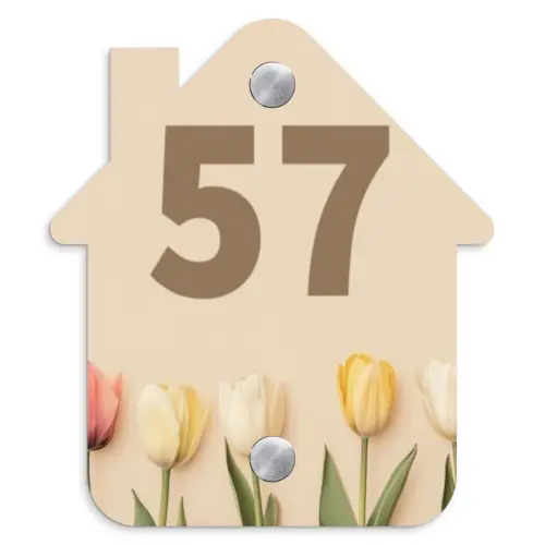 Gekleurde tulpen beige achtergrond - Traditioneel Naambord Huisje klein -3d
