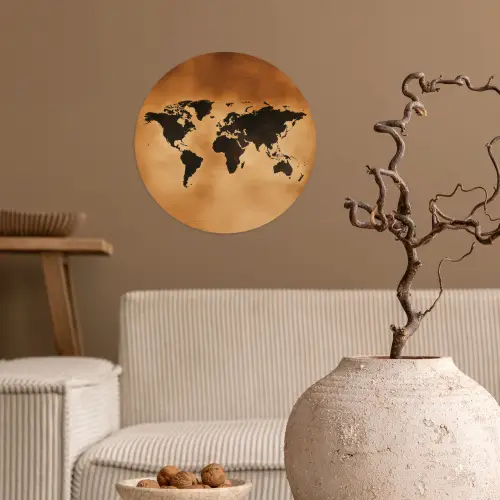 Wereldkaart - Bruin - Kaart Wandcirkel behangsticker klein -sfeer1