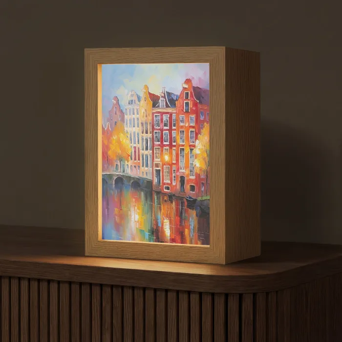 Grachtenpanden - Kunst - Schilderij - Amsterdam Light Box met kabel (Tafellamp) klein -z3d_website
