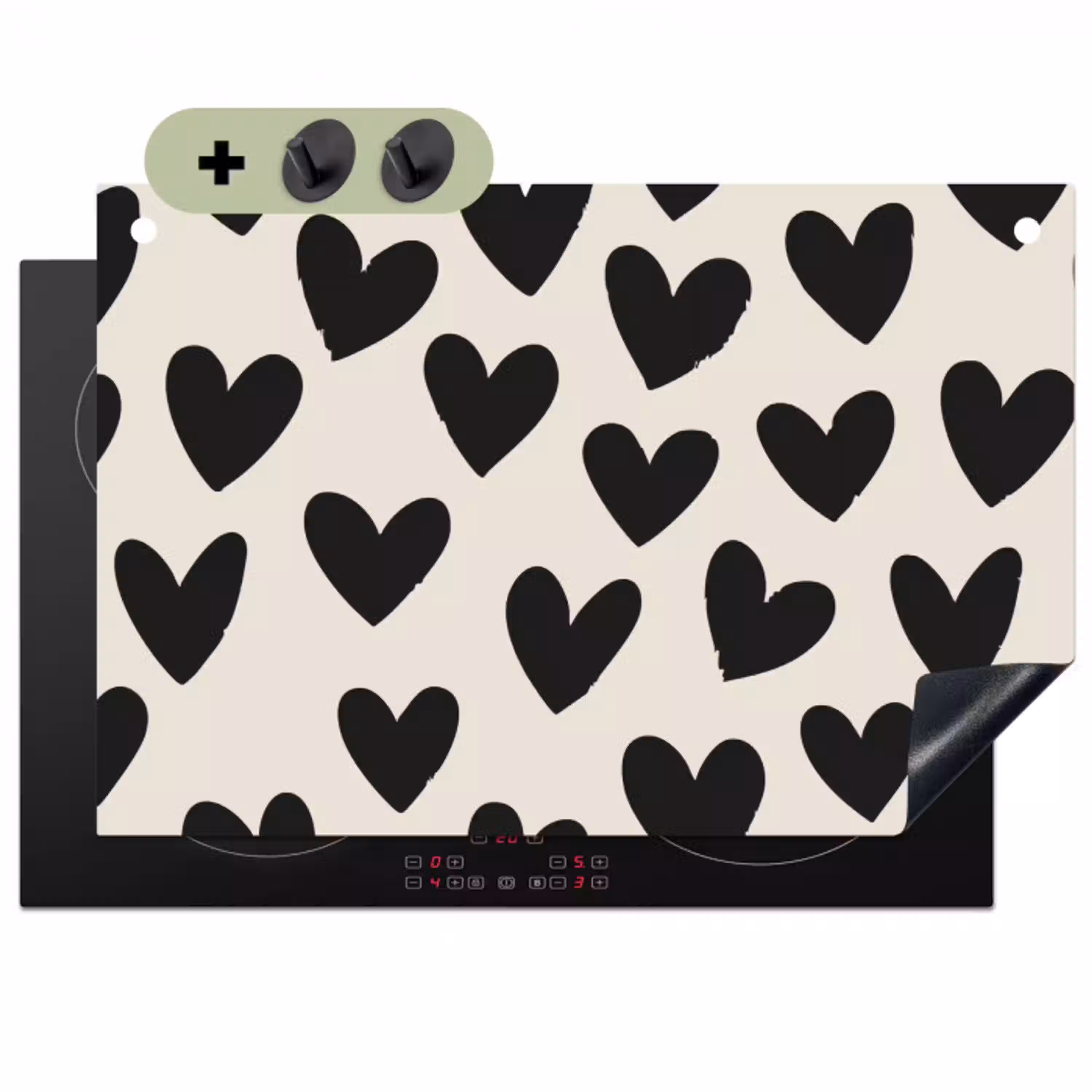Hartjes - Zwart - Beige Inductie beschemer met haakjes klein -3d
