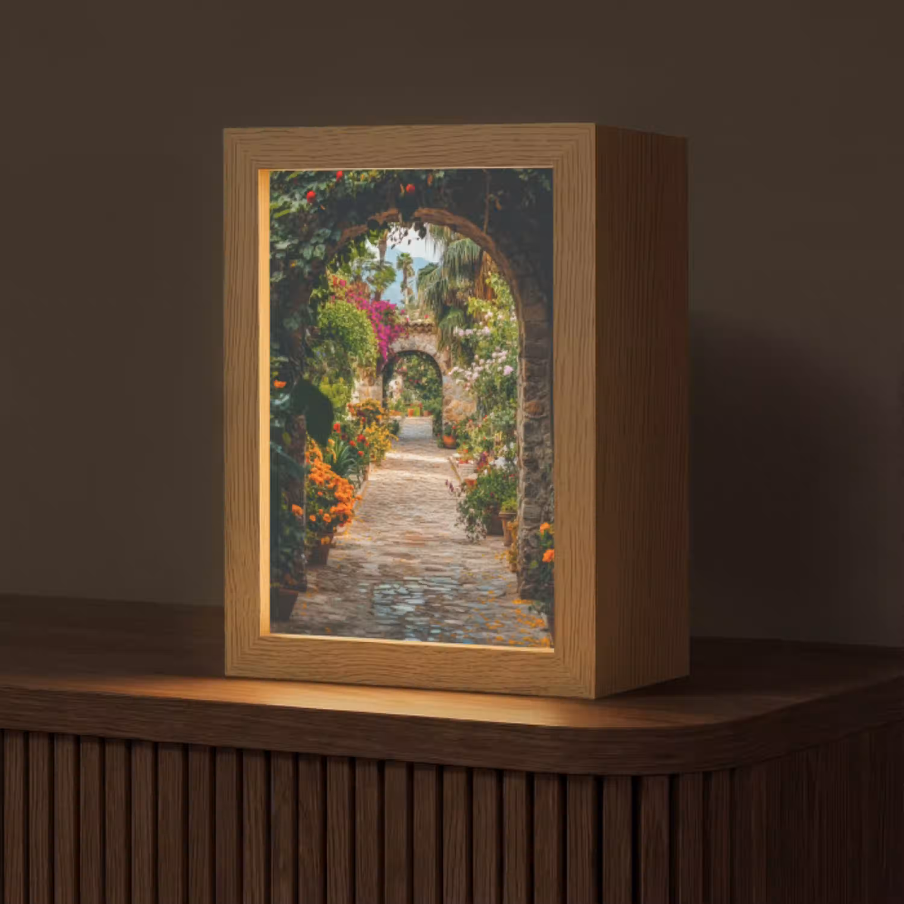 Doorkijk - Bloemen - Poort - Stenen Light Box met kabel (Tafellamp) klein -z3d_website