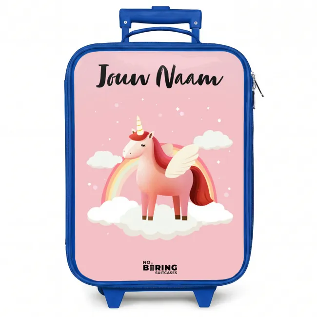 Kinderkoffer blauw met naam - Eenhoorn - Vleugels - Roze - Regenboog