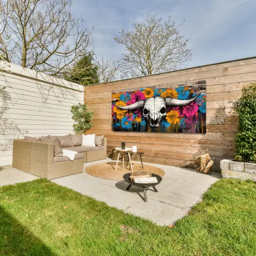 Schedel - Bloemen - Graffiti Tuinposter op houten frame 2 cm dik xxl -sfeer2