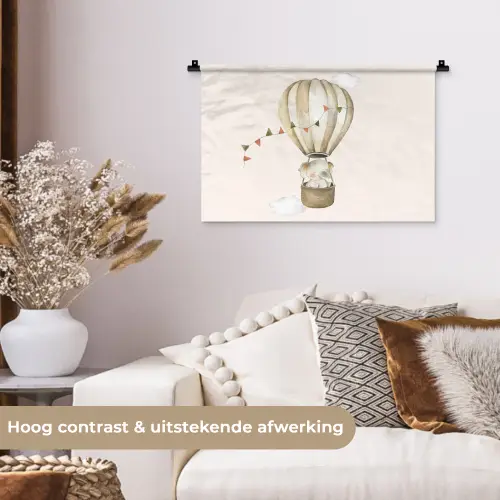 Luchtballon - Olifant - Watercolor - Beige - Dieren Wandkleed katoen klein -sfeer1