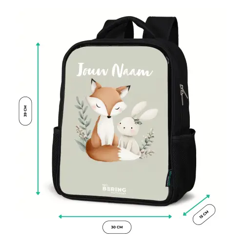 Vos en konijn omringd door groene blaadjes Rugzak - Zwart middel -productfoto_formaten