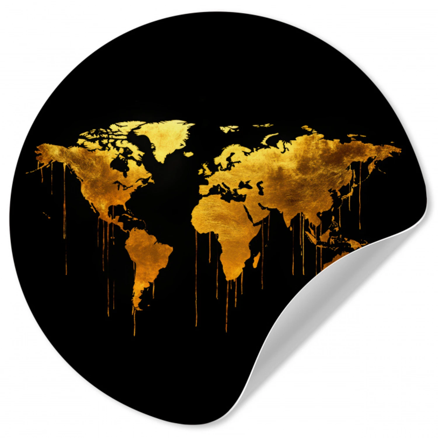 Wereldkaart - Goud - Druipen - Zwart Wandcirkel behangsticker klein -3d