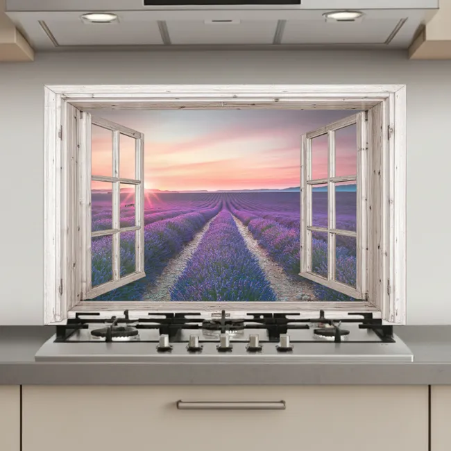 Doorkijk - Lavendel - Bloemen - Hout - Zonsondergang - Paars keuken achterwand spatscherm klein -3d_website
