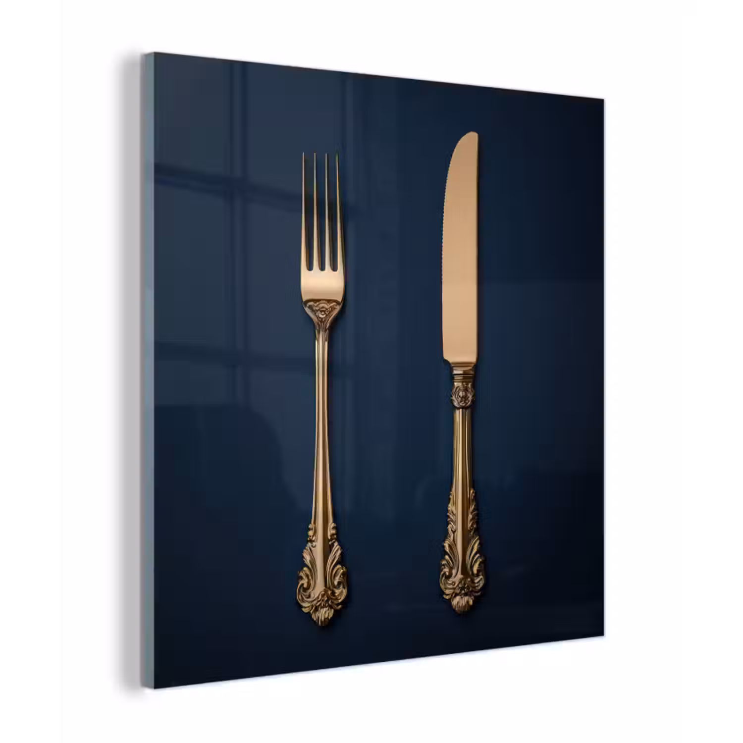 Glas schilderij - Bestek - Donkerblauw - Goud