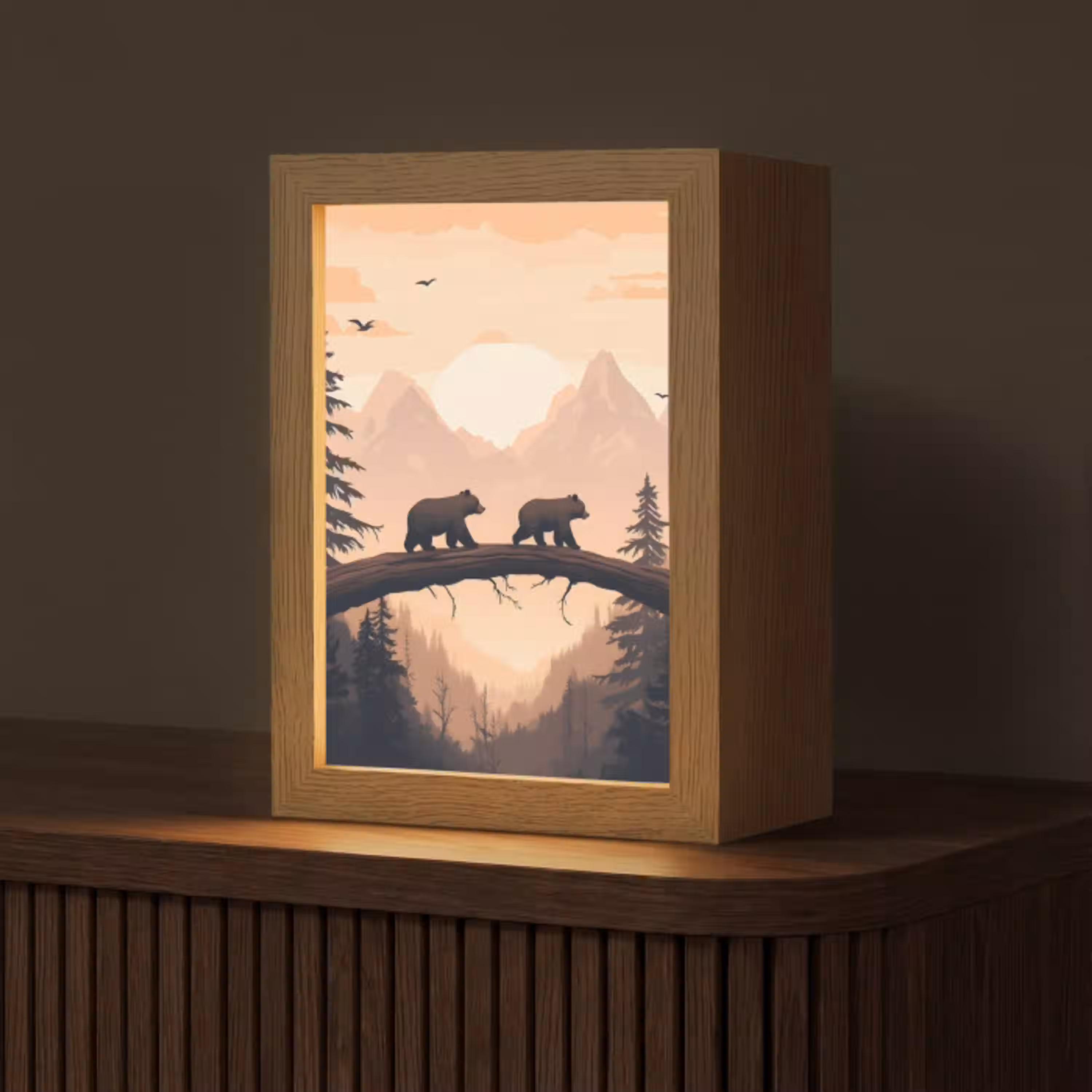 Beren - Bomen - Landschap - Zonsondergang Light Box met kabel (Tafellamp) klein -z3d_website
