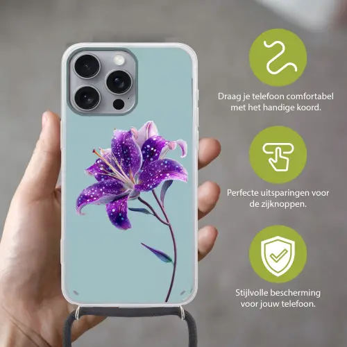Lelie - Bloem - Paars - Stippen Hoesje iPhone 16 Pro Max met koord klein -sfeer2_NL