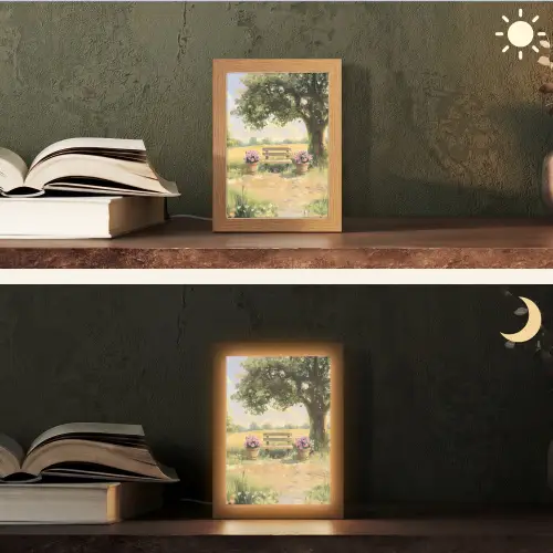 Houten bankje - Bloempotten - Landschap Light Box met kabel (Tafellamp) klein -sfeer3