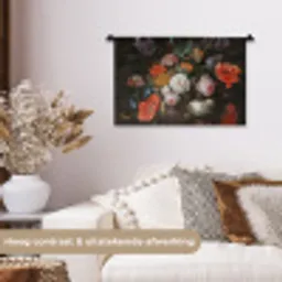 Stilleven met bloemen en een horloge - Schilderij van Abraham Mignon Wandkleed katoen klein -sfeer1