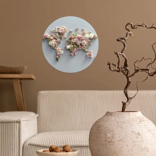 Wereldkaart - Rozen - Roze Wandcirkel behangsticker klein -sfeer1