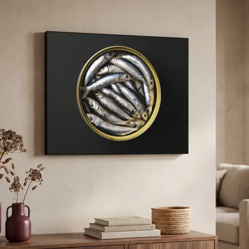 Sardines - Vissen - Rond - Zwart Textielframe zwart klein -sfeer3
