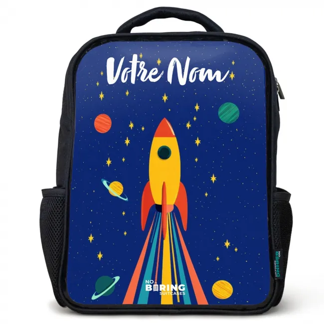Sac à dos enfant avec votre nom - Noir - Fusée - Étoiles - Planète - Espace