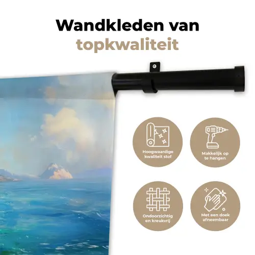 Zeilboot - Rotsen - Kust - Huizen Wandkleed katoen klein -sfeer2