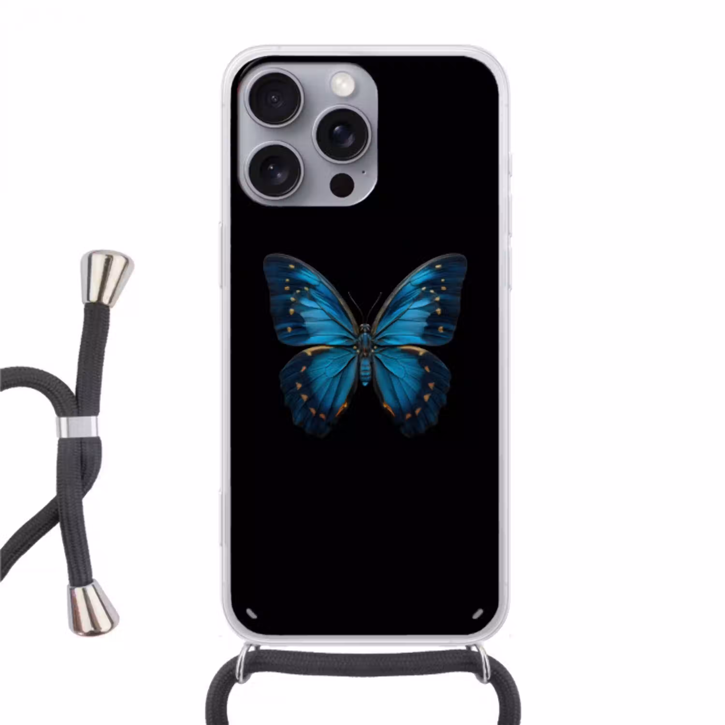 Vlinder - Blauw - Contrast Hoesje iPhone 16 Pro Max met koord klein -3d