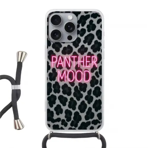 Panterprint - Zwart - Neonletters - Roze Hoesje iPhone 16 Pro Max met koord klein -3d