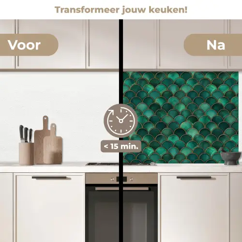 Schubben - Structuur - Diepgroene - Goud keuken achterwand 2 middel 871 -voor-na2_NL
