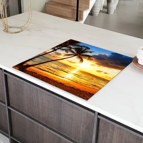 Strand - Horizon - Zonsondergang - Palmboom - Zee Inductie beschermer vinyl 3mm middel -sfeer8
