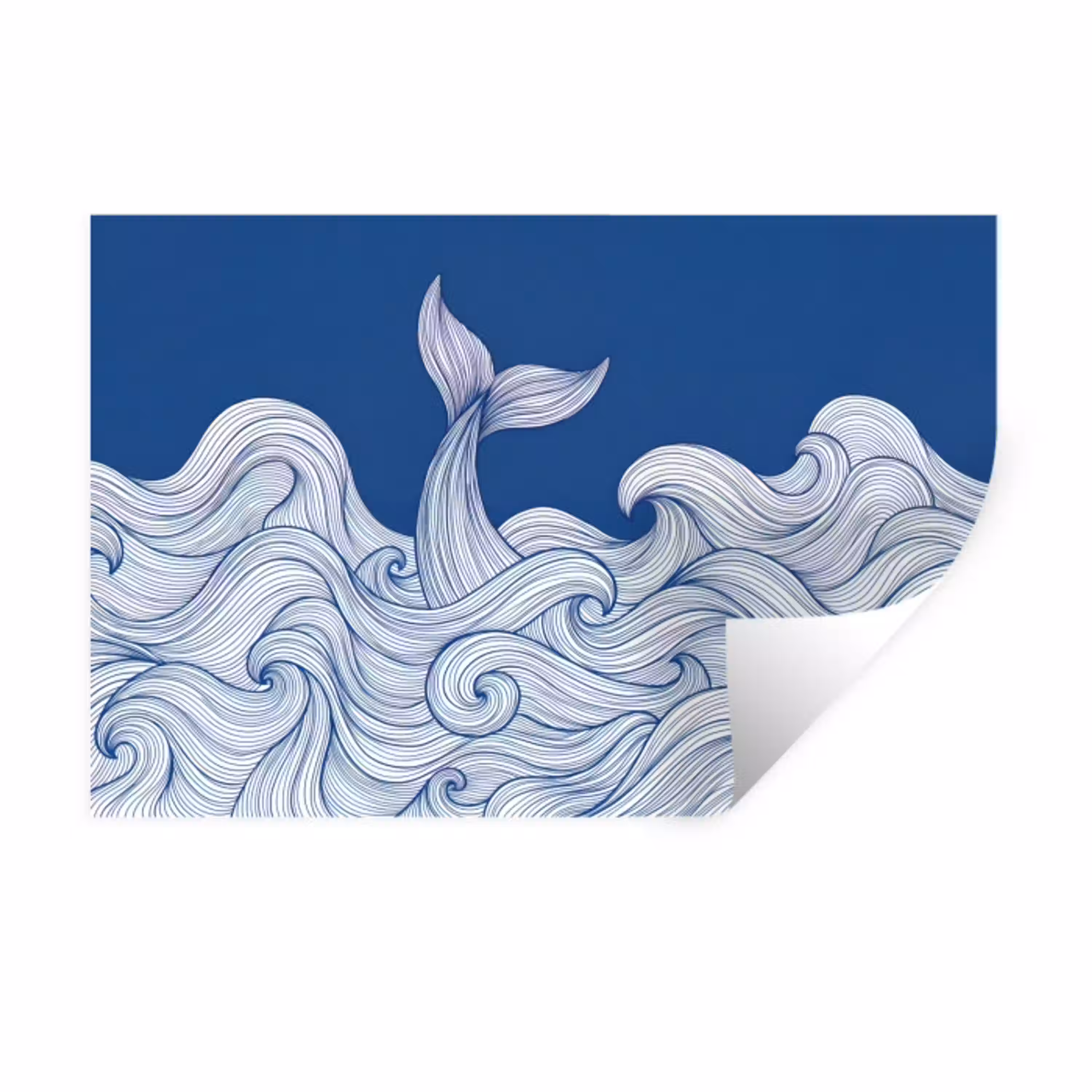 Walvis - Staart - Golven - Lijntekening - Blauw Muursticker klein -3d