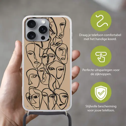 Gezichtenzee - Lijntekening - Abstract Hoesje iPhone 16 Pro Max met koord klein -sfeer2_NL