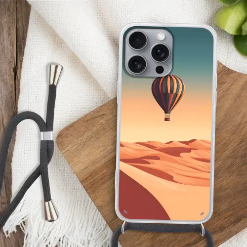 Luchtballon - Woestijn - Zonsondergang - Blauw Hoesje iPhone 16 Pro Max met koord klein -sfeer4