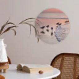 Meeuwen - Strand - Zee - Roze Akoestische PET Vilt - Rond klein -sfeer3