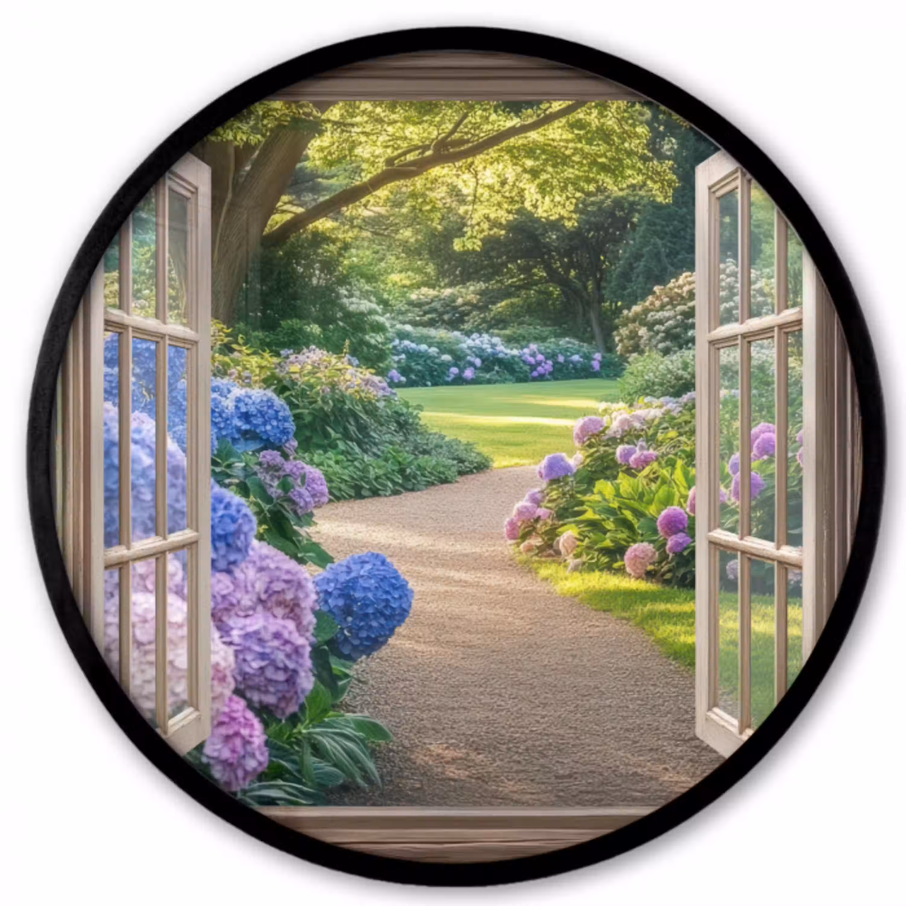 Doorkijk - Tuin - Raam - Hortensia - Bloemen Fotolijst rond zonder passe partout klein -3d