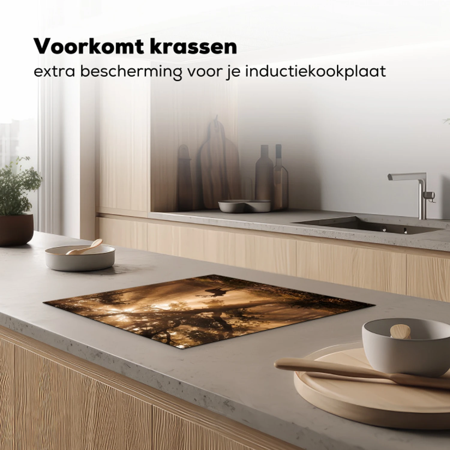 Hert - Bos - Mistig - Natuur - Goud Inductie beschermer vinyl 3mm middel -sfeer1