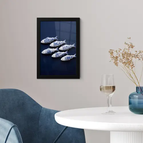 Vissen - Delfts - Blauw - Keramiek fotolijst zwart zonder passe partout klein -sfeer4