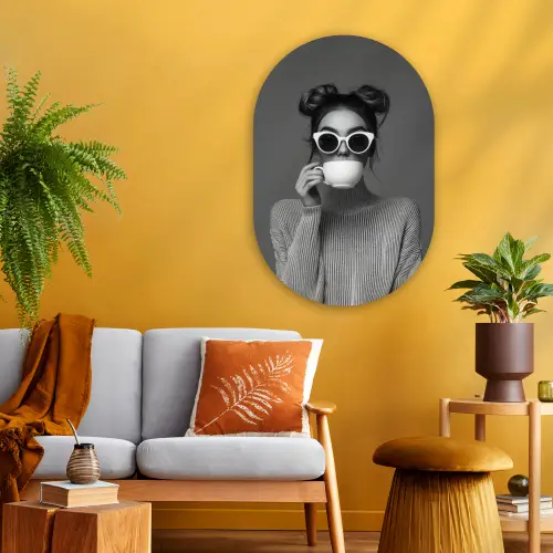 Vrouw - Koffie - Zwart - Wit Wandcirkel Ovaal Glas middel -sfeer4