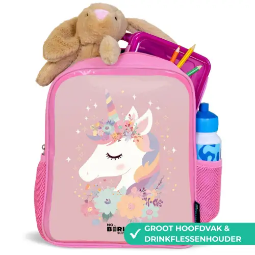 Eenhoorn - Roze - Bloemen Kinderrugzak - Roze middel -inhoud_NL