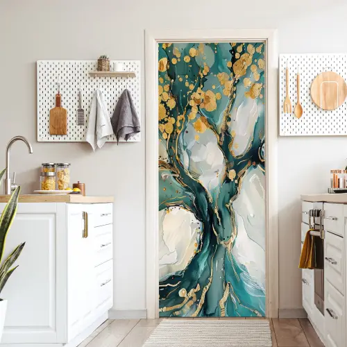 Boom - Modern - Verflook - Turquoise - Goud deurposter klein -sfeer5