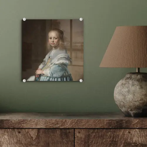 Portret van een meisje in het blauw - Schilderij van Johannes Cornelisz. Verspronck plexiglas 5mm klein -sfeer3