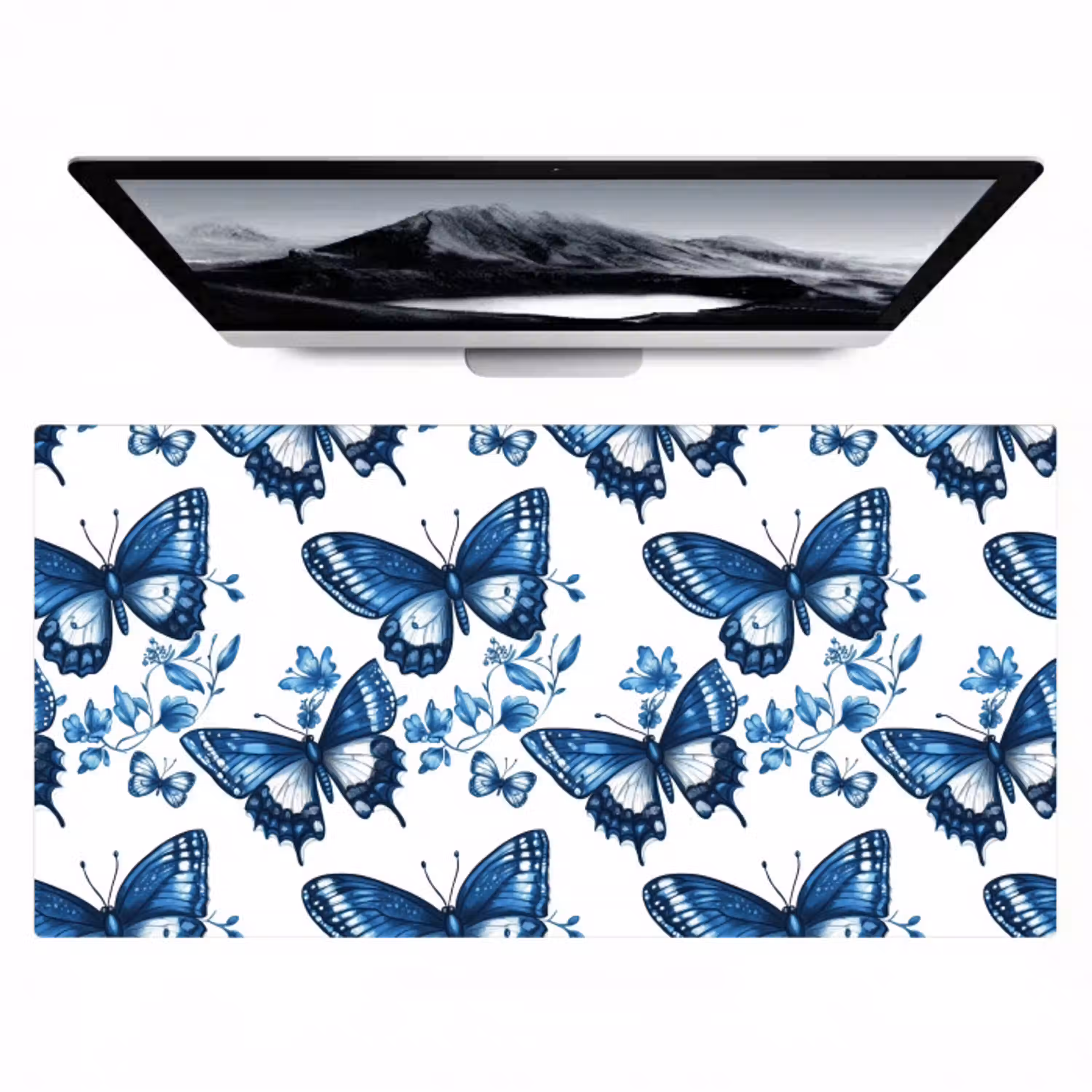 Blauw - Vlinders - Bloemen - Wit Muismat XXL klein 681 -zzz3d