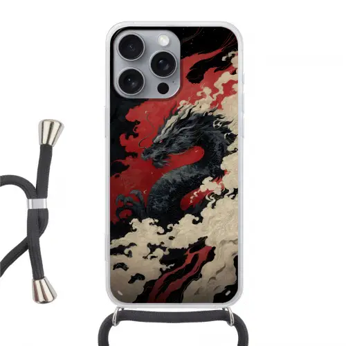 Zwarte draak - Rookwolken - Rood Hoesje iPhone 16 Pro Max met koord klein -3d