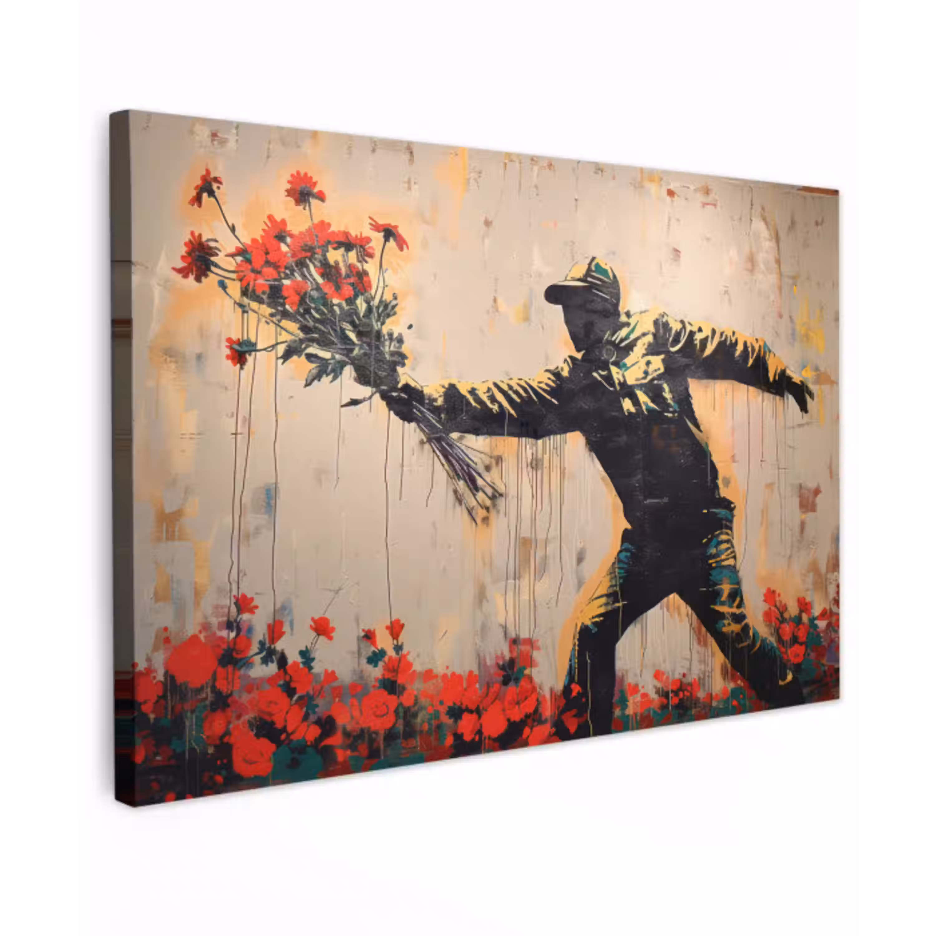 Street art - Man - Bloemen - Rood - Graffiti - Banksy canvas 2cm klein -z3d