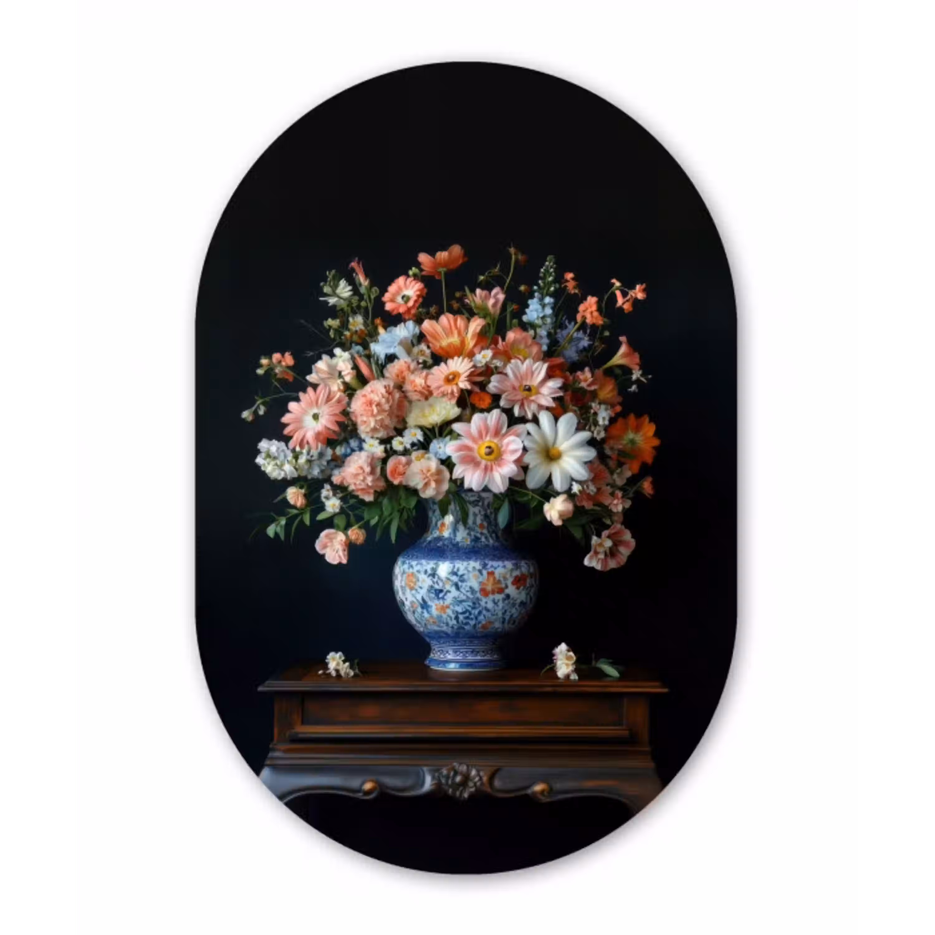 Hout - Vaas - Kleuren - Bloemen Wandcirkel Ovaal Glas middel -3d