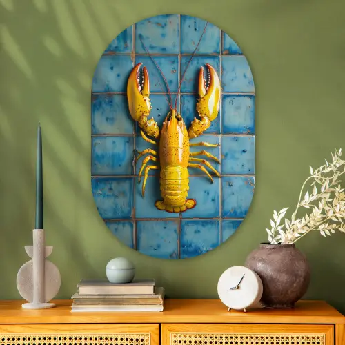 Kreeft - Geel - Blauw - Tegels Wandcirkel Ovaal Glas middel -sfeer2