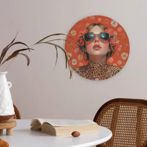 Vrouw - Kleurrijk - Dierenprint - Bloemen Akoestische PET Vilt - Rond klein -sfeer3