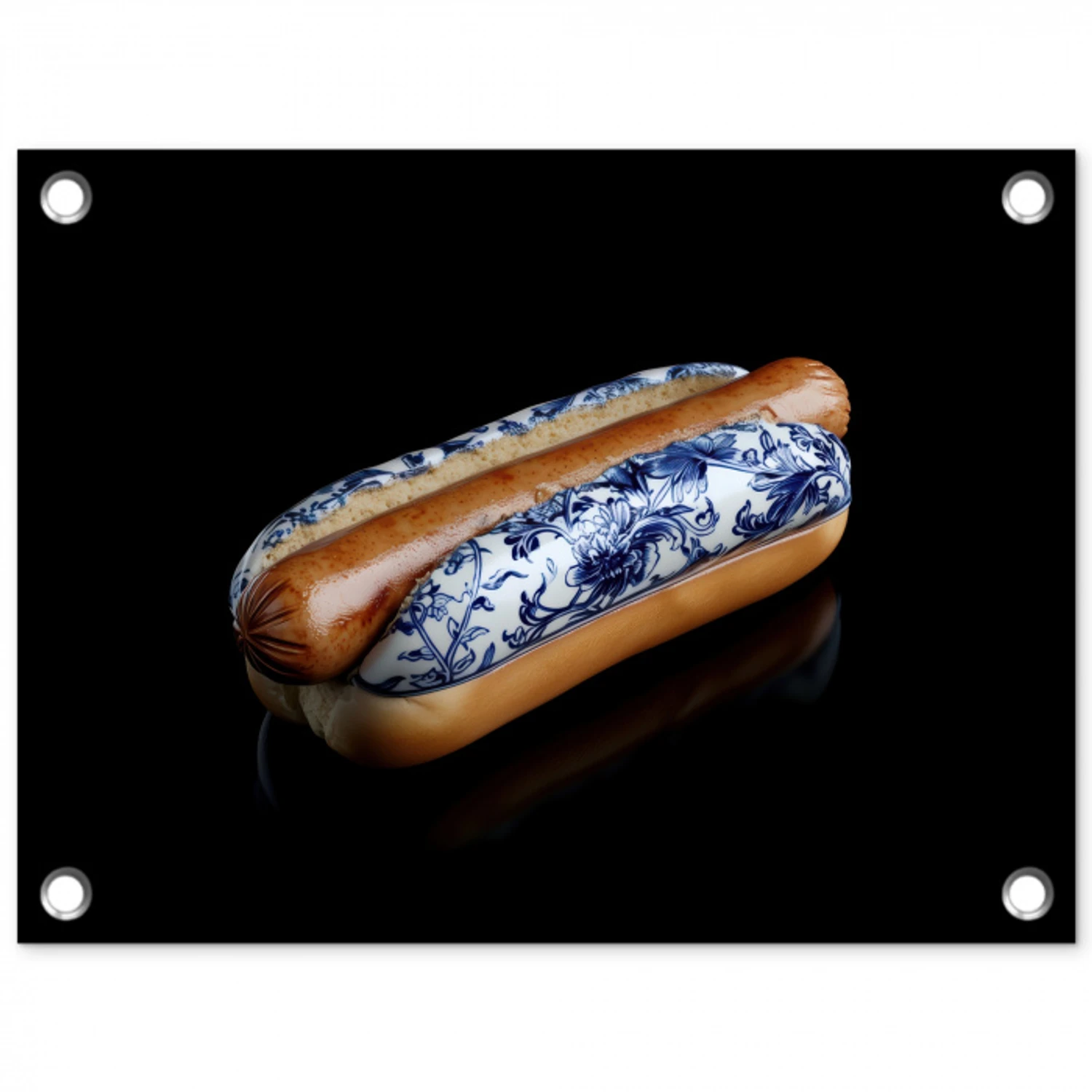 Hotdog - Porselein - Delfts blauw - Eten tuinposter los doek klein -3d