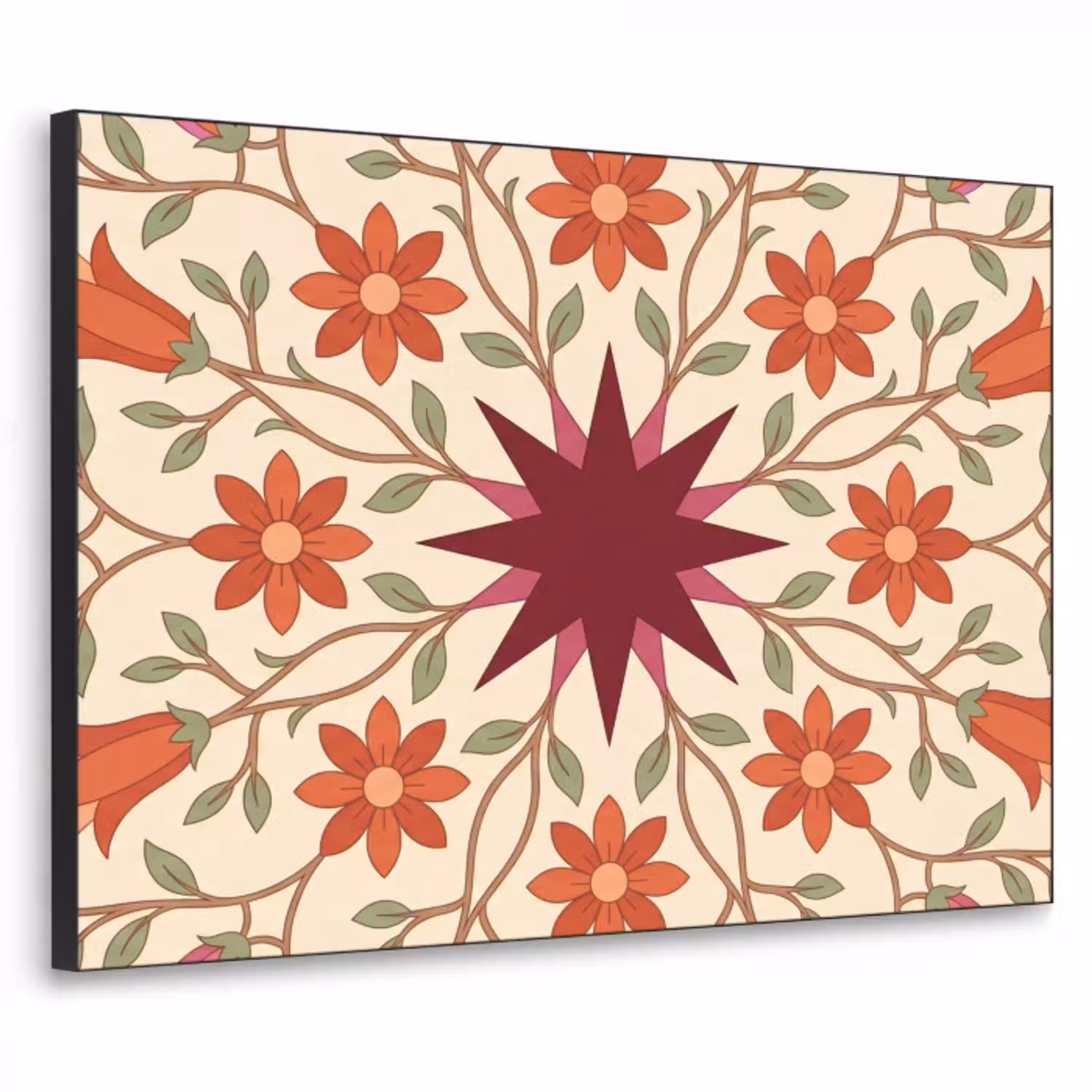 Bloemen - Mandala - Decoratief - Rood Textielframe zwart klein -3d