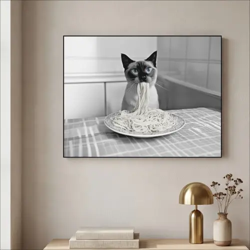 Kat - Siamees - Zwart Wit - Schattig - Dieren Textielframe zwart klein -sfeer2