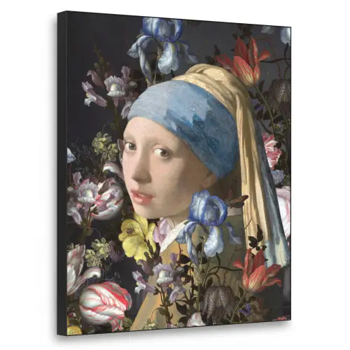 Meisje met de parel - Johannes Vermeer - Bloemen Textielframe - compleet frame klein -3d